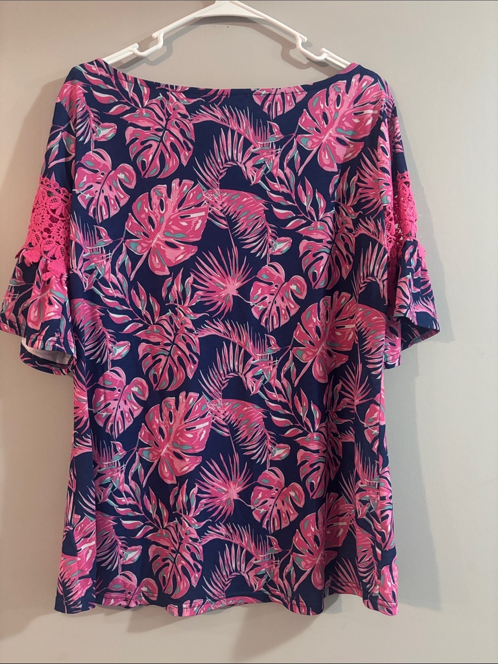 Simply Southern Navy Tunic with Pink Tropical Lace Sleeves - Picture 3 of 3